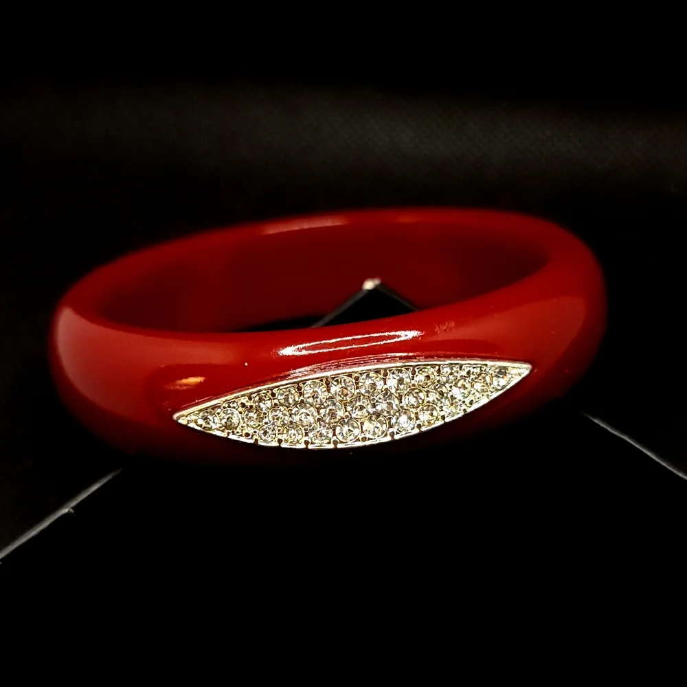 Red Lucite Pave Accent Bangle Bracelet Rouge Red Bracelet Accent Diamond Pave